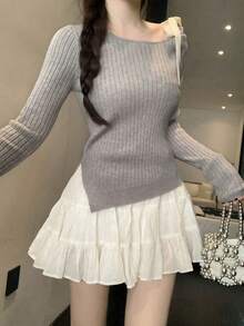 Áo len dài tay dáng ôm, trễ vai, thắt nơ bất đối xứng, kiểu dáng dễ thương cho nữ, thích hợp mặc vào đầu mùa xuân, đi mua sắm, áo sơ mi dài tay xinh xắn, thích hợp cho dịp Giáng sinh. - Xám - Xem 6