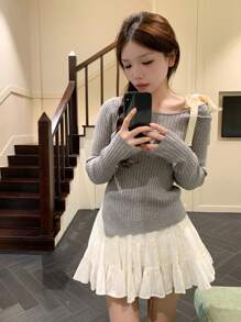 Áo len dài tay dáng ôm, trễ vai, thắt nơ bất đối xứng, kiểu dáng dễ thương cho nữ, thích hợp mặc vào đầu mùa xuân, đi mua sắm, áo sơ mi dài tay xinh xắn, thích hợp cho dịp Giáng sinh. - Xám - Xem 4