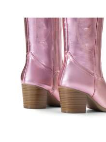 Embroidered Western Boots For Women Comfortable Chunky Heel Pull On Zipper Pointed Toe Knee High Boots Vintage Cowgirl Cowboy Ridding Vacation Boots - 粉色 - 查看 7