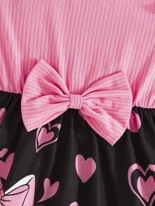 Baby GirlHeart, Glasses, Bow, Kitty Graphic Long Sleeve Cute Mini Dress For Spring And Autumn, Valentine's Day
