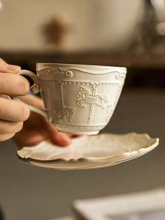 1 Set Nordic Style White Vintage Ceramic Cup & Saucer Set, Embossed Carousel Pattern Cups & Saucers, Elegant Latte Art Coffee Cup & Saucer, High-Quality Breakfast Milk Cup, Great Gift For Birthday, Holiday Back To School