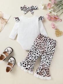3pcs Set Casual Elegant Sweet Cute Baby Girl Outfit, Soft & Comfortable, Letter Heart Print Ruffle Trim Knit Romper And Leopard Print Flared Pants