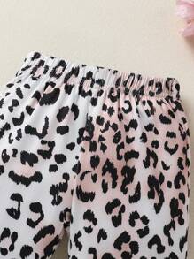 3pcs Set Casual Elegant Sweet Cute Baby Girl Outfit, Soft & Comfortable, Letter Heart Print Ruffle Trim Knit Romper And Leopard Print Flared Pants