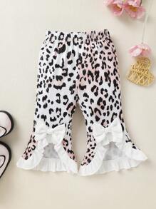 3pcs Set Casual Elegant Sweet Cute Baby Girl Outfit, Soft & Comfortable, Letter Heart Print Ruffle Trim Knit Romper And Leopard Print Flared Pants