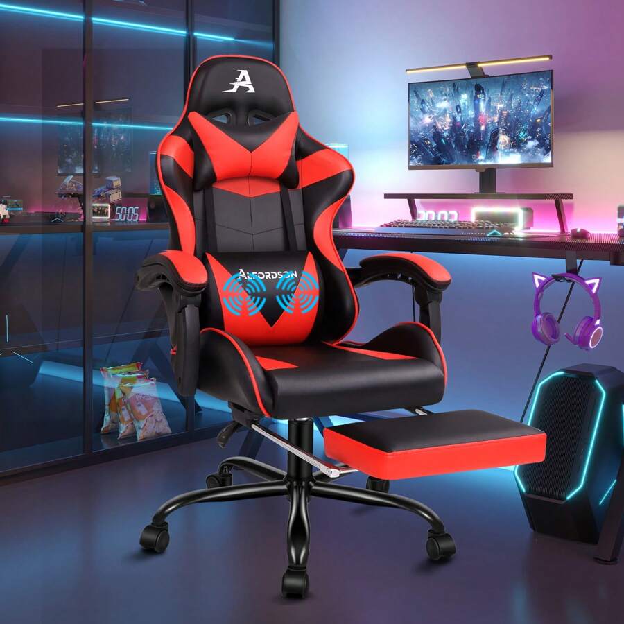 ALFORDSON Video Game Chair, Ergonomic Office Chair, Massage Racing Chair, Retractable Footrest, PU Leather, Height Adjustable And Tilt, 180kg Load Capacity - Red - View 1