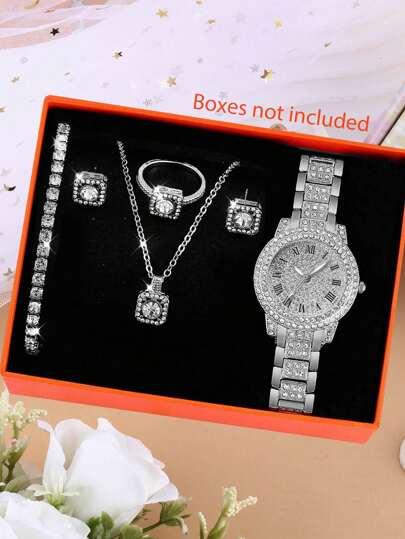 奢华水钻装饰女孩优雅时尚石英腕表、珠宝套装