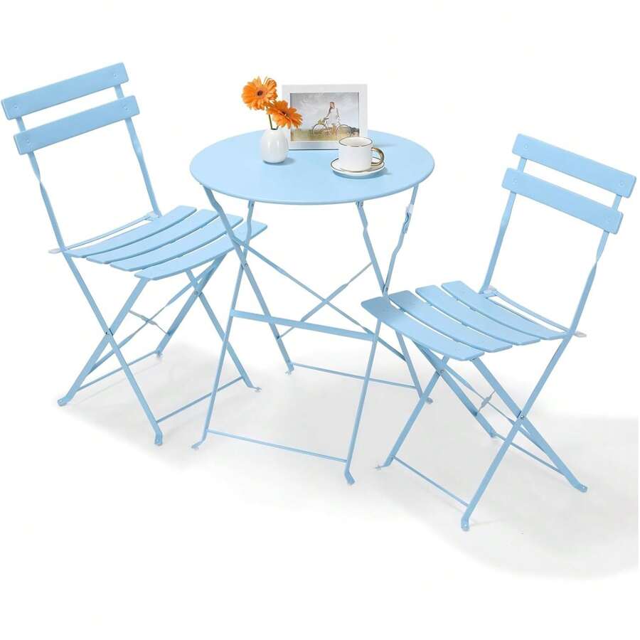 Bistro Gartenmöbel Set, 2 Klappstuhl 1 Klapptisch Balkon Set Metall, Klappbare Sitzgarnitur Garten, Balkonmöbel Klappbar für Balkon,Terrasse und Garten - Blau - Übersicht 1