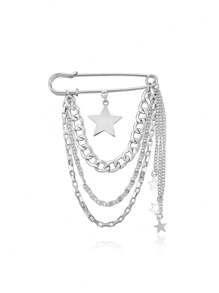 1PC Hip Hop Style Star Tassel Pendant Safety Pin,Safety Pin Brooch With Hanging Chains Charms Decorative Punk Goth Collar Brooches Pin For Sweater Dress Skirt Tie Pins - Silver - View 9