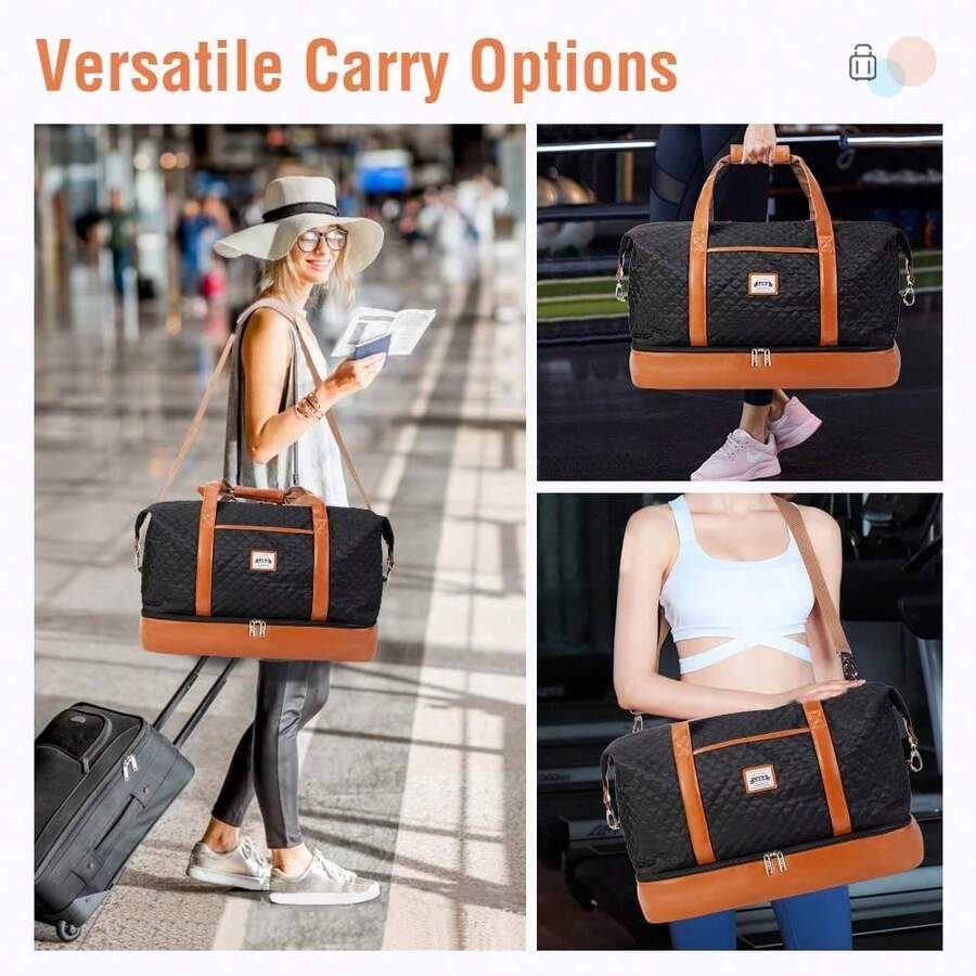 Lekesky Double Decker Holdall Bag Women Weekend Travel Overnight Weekender Duffle With Shoes Compartment & Toiletry Bag, 50L Black Quilted Traveling Bag Travelling Organizer Outfit Airport Travel Clothes Travel Stuff Luggage Bag Christmas Gift Ideas Women Girls Xmas Gifts For Mum Birthday Gift Mom Friend Thanksgiving Day Thank You Gifts - Black - View 1