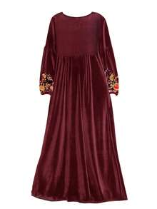 Elegant Flower Print & Velvet Patchwork Dress, Spring & Fall - Burgundy - View 2