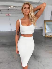 Women's Fashion Spring Summer Sexy Elegant White Midi Suspender Bodycon Two Piece Bandage Skirt Party Cocktail Evening Dress Clothes - White - View 4