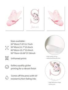 Set de 3 impresiones personalizadas en lienzo sin marco de mariposas rosas, arte moderno de estampa animal para colgar en la pared, obra de arte floral con nombre personalizado para el dormitorio de niñas, decoración para habitación infantil, póster retrato interior sin marco como regalo de cumpleaños o graduación
