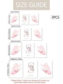 Set de 3 impresiones personalizadas en lienzo sin marco de mariposas rosas, arte moderno de estampa animal para colgar en la pared, obra de arte floral con nombre personalizado para el dormitorio de niñas, decoración para habitación infantil, póster retrato interior sin marco como regalo de cumpleaños o graduación