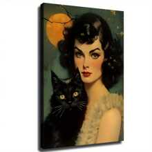 1 Pc Unique Wrapped Wooden Frame Canvas Poster, Vintage Witch Holding Her Cat Under The Full Moon Of Halloween Canvas Wall Art Home Decor, Elegant Poster Wall Decorative Living Room Bedroom Kitchen Office Cafe Ready To Hang Wooden Frame,Posters,Stickers,Wall Art,Spring Decoration Items Refesh Your Home,Rama Decoration Stickers