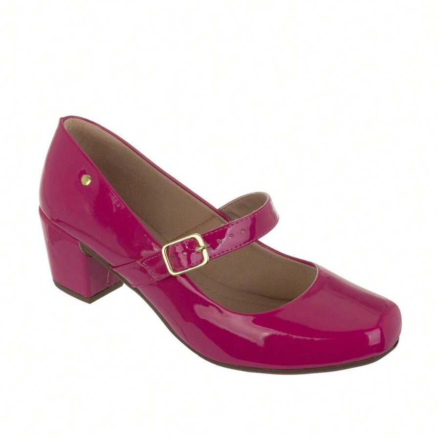 Women's Patent Leather Doll Dress Shoes, Medium Low Block Heel, Pointed Toe, Comfortable, Colorful, Various Colors, Black, Black, Nude, Pink, Rose, Pinkish, Red, White - Ref. 6484 - 玫紅色 - 查看 1