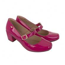 Women's Patent Leather Doll Dress Shoes, Medium Low Block Heel, Pointed Toe, Comfortable, Colorful, Various Colors, Black, Black, Nude, Pink, Rose, Pinkish, Red, White - Ref. 6484 - 玫紅色 - 查看 3