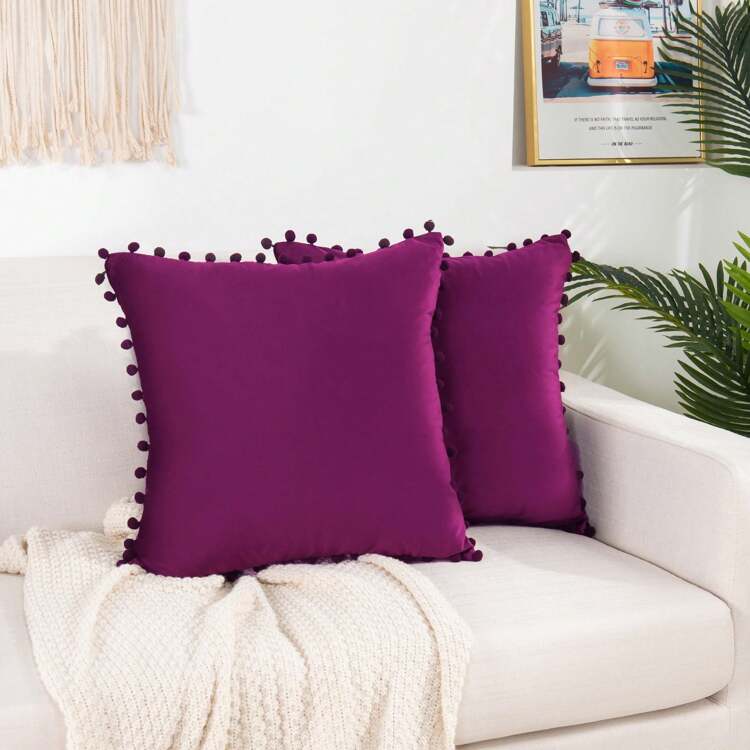 Elegant Comfort 2 Piece Pom-Pom Velvet Cushion Cover - Pillow Covers - Royal Blue - View 9