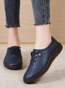 Women's Navy Blue Comfortable Casual Shoes, Elastic Band Round Toe Fashion Retro Slip-On Flat Sneakers With Non-Slip Soft Bottom