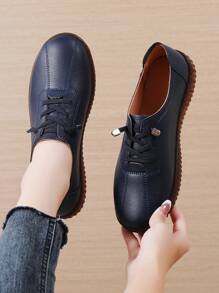 Women's Navy Blue Comfortable Casual Shoes, Elastic Band Round Toe Fashion Retro Slip-On Flat Sneakers With Non-Slip Soft Bottom