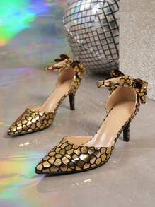 Women Spring Autumn Gold Satin Bow Pointed Toe Ankle Strap High Heel Shoes Valentines