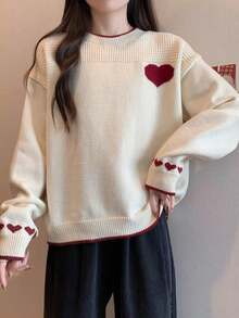 圆领宽松心形设计撞色毛衣，女式秋冬装，圣诞节毛衣，日常，约会，长袖上衣，可爱 - 杏色 - 查看 5