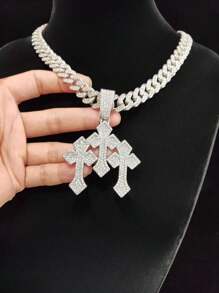 1 件创意吊坠、1 件 13 毫米宽链条和 1 件 3 毫米宽不锈钢绳链 - 男女通用时尚嘻哈复古项链，适合日常佩戴或派对，2 种链条款式 - 銀色 - 查看 3