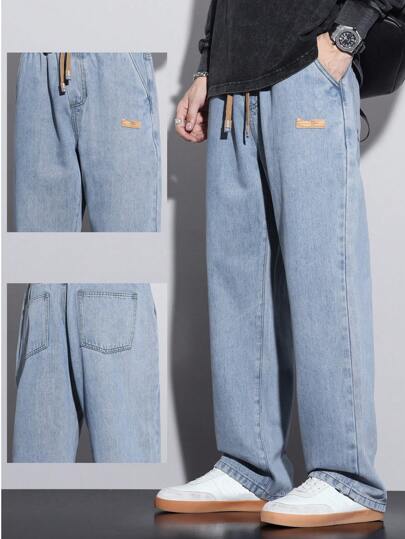 Men's Drawstring Elastic Waist Washed Casual Loose Straight Leg Jeans