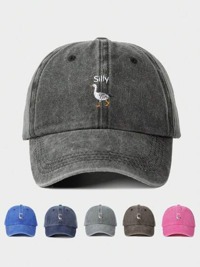 1pc Embroidered "Silly" Letter Duck Washed Baseball Cap, Adjustable Outdoor Sun Protection Casual Hat For Spring Autumn Travel Beach, Y2K Style Cap