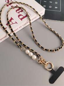 1pc Long Faux Pearl With Leather Crossbody Mobile Phone Chain, Metal Chain Lanyard Gifts For Mother, Family, Friends, Birthday, Holiday Phone Charm - Black - View 2