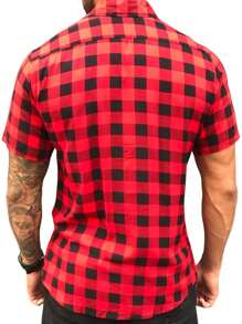 Men's Plaid Shirt Short Sleeve Slim Flannel Buttons Top - Red - View 4