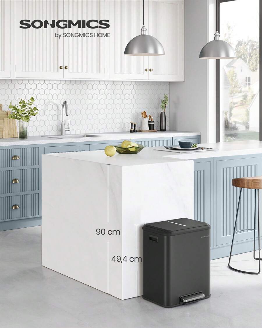 KITCHEN MOVE Poubelle de cuisine tri sélectif verticale 70 litres PICEA Gris double compartiment 39 x 29 x 76.5 cm