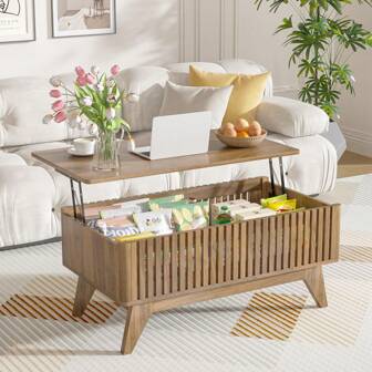 Retro Mid-Century Lift Top Coffee Table With Hidden Compartment – Modern Farmhouse Center Table With Fluted Panels And Adjustable Height – Stylish And Functional Living Room Table