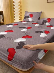1 件简约几何心形图案印花床笠，卧室装饰（不含枕套） - 彩色 - 查看 1