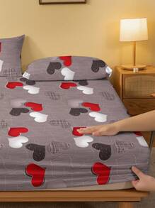 1 件简约几何心形图案印花床笠，卧室装饰（不含枕套） - 彩色 - 查看 4