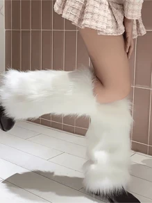 1 Pair White Fuzzy Leg Warmers, Warm Fluffy Ankle Cuffs For Women In Autumn/Winter - White - View 6
