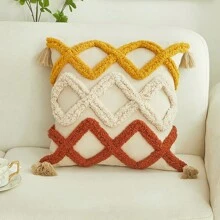 1 件波西米亚风格簇绒几何钻石形状刺绣流苏装饰抱枕套适用于客厅卧室 - 彩色 - 查看 9
