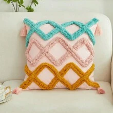 1 件波西米亚风格簇绒几何钻石形状刺绣流苏装饰抱枕套适用于客厅卧室 - 彩色 - 查看 7