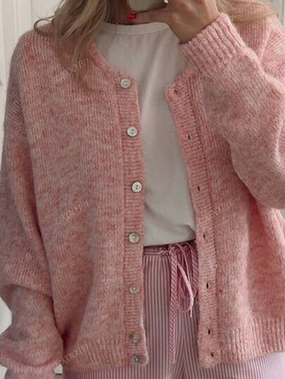 Women's Casual Colorful Long Sleeve Round Neck Knitted Blend Cardigan Sweater Jacket, Containing 6% Knitted, Autumn/Winter