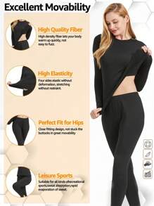 2 件女士黑色保暖内衣套装户外防寒保暖打底衫家居弹力舒适睡衣秋冬季礼物