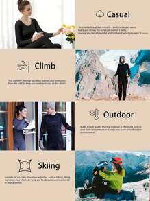 2 件女士黑色保暖内衣套装户外防寒保暖打底衫家居弹力舒适睡衣秋冬季礼物