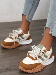 New Style Glitter Lace-Up Sneakers, 2024 Summer Breathable Colorblock Platform Casual Shoes, Fashion Thick Bottom Elevator Shoes For Students