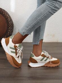 New Style Glitter Lace-Up Sneakers, 2024 Summer Breathable Colorblock Platform Casual Shoes, Fashion Thick Bottom Elevator Shoes For Students