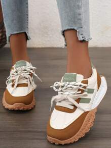New Style Glitter Lace-Up Sneakers, 2024 Summer Breathable Colorblock Platform Casual Shoes, Fashion Thick Bottom Elevator Shoes For Students