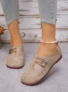 Women's Fashion Double-Breasted Flats - Apricot - View 1