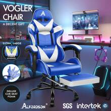 ALFORDSON Video Game Chair, Ergonomic Office Chair, Massage Racing Chair, Retractable Footrest, PU Leather, Height Adjustable And Tilt, 180kg Load Capacity - Blue and White - View 2