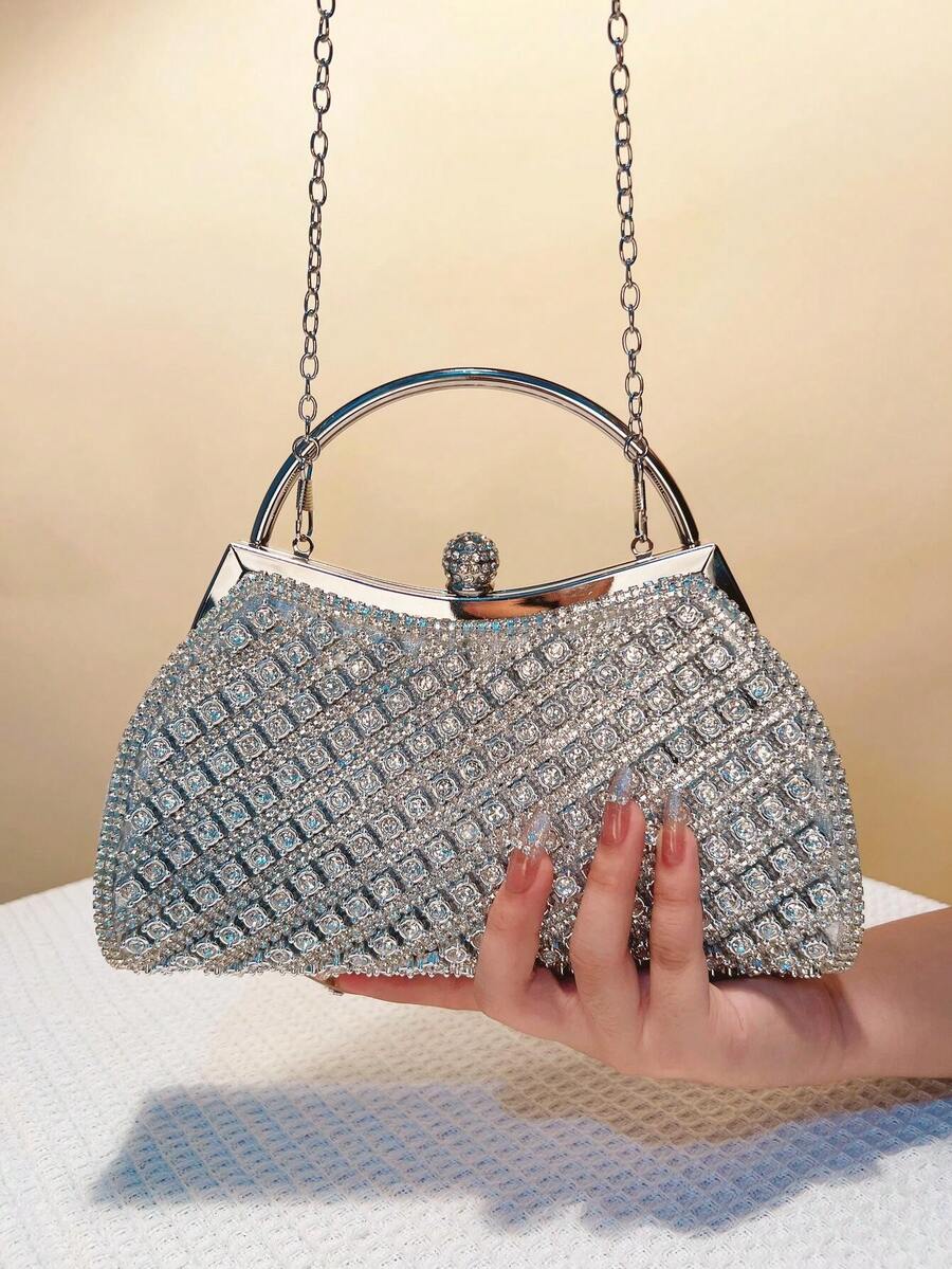 Handle Rhinestones Women Evening Bags Metal Luxury Purse Silver Golden Color Handbags For Event Dinner Purse - Silver - View 1