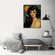 1 Pc Unique Wrapped Wooden Frame Canvas Poster, Vintage Witch Holding Her Cat Under The Full Moon Of Halloween Canvas Wall Art Home Decor, Elegant Poster Wall Decorative Living Room Bedroom Kitchen Office Cafe Ready To Hang Wooden Frame,Posters,Stickers,Wall Art,Spring Decoration Items Refesh Your Home,Rama Decoration Stickers