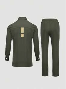 Men's Green Two-Piece Outfits, Striped Pattern Classic Collar Long Sleeve Shirt And Drawstring Trousers For Dates, Party, Wedding - 綠色 - 查看 4