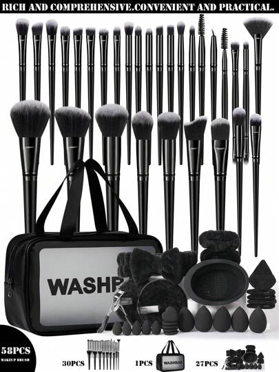 58 pièces Ensemble de pinceaux de maquillage, comprenant 30 pinceaux de maquillage, 5 éponges de maquillage, 5 éponges de maquillage triangulaires, 2 tampons de nettoyage de maquillage, 2 bandeaux de poignet de maquillage, 1 bandeau de maquillage, 5 mini éponges de maquillage, 1 recourbe-cils à mascara, 1 bol de nettoyage de pinceaux de maquillage, 1 sac de maquillage étanche, Ensemble de pinceaux, Kit de pinceaux de maquillage, Ensemble de pinceaux de maquillage, Ensemble de maquillage complet, Ensemble de pinceaux de maquillage, Kit de maquillage complet, Kit de pinceaux, Ensemble de pinceaux de maquillage, Coffret cadeau de maquillage
