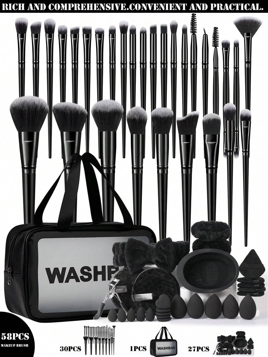 58件套化妆刷套装，包含30支化妆刷、5个化妆海绵、5个三角化妆海绵、2个卸妆粉扑、2个化妆腕带、1个化妆发带、5个迷你化妆海绵、1个睫毛夹、1个化妆刷清洁碗、1个防水化妆包。